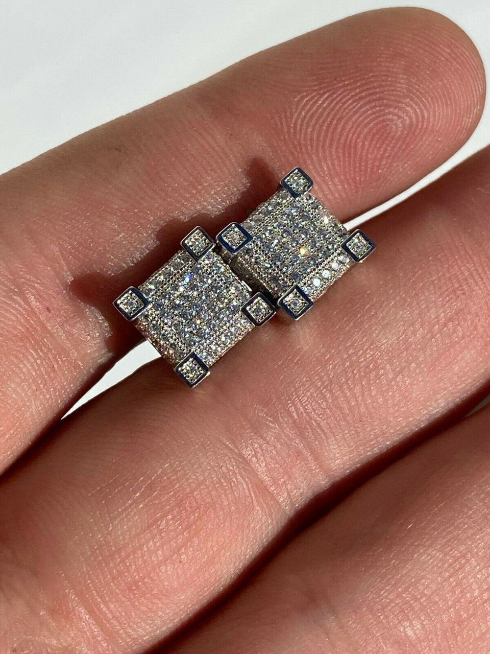 HarlemBling Mens Real Solid 925 Silver Iced Diamond Hip Hop Earrings Studs Screw Back Cube