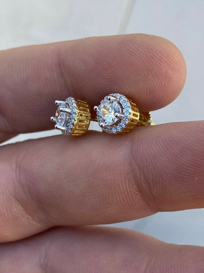 HarlemBling Mens Real Solid 925 Silver Iced Diamond Hip Hop Earrings Studs Small Gold Plated