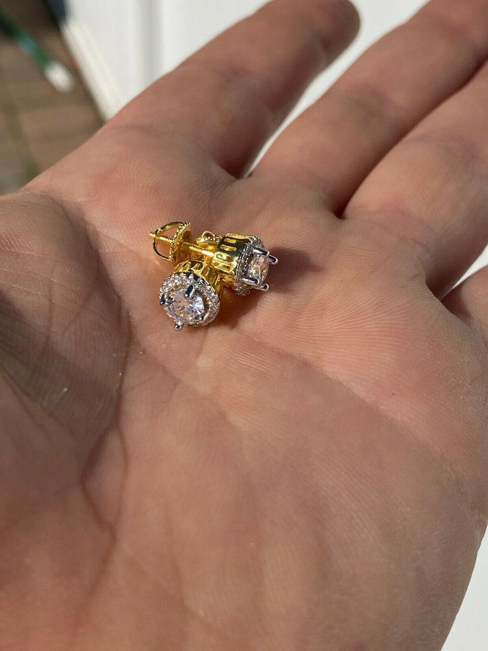 HarlemBling Mens Real Solid 925 Silver Iced Diamond Hip Hop Earrings Studs Small Gold Plated