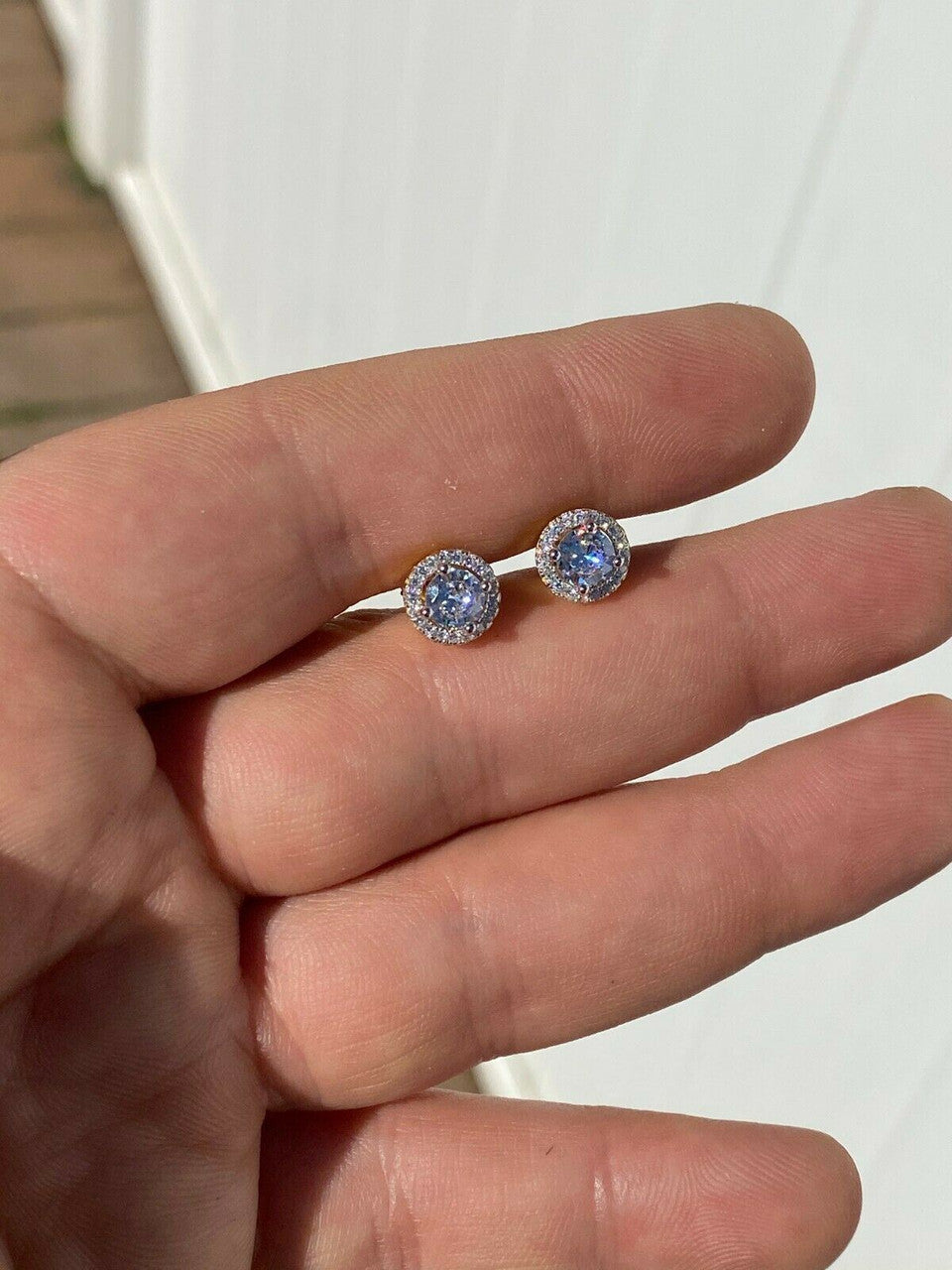 HarlemBling Mens Real Solid 925 Silver Iced Diamond Hip Hop Earrings Studs Small Gold Plated