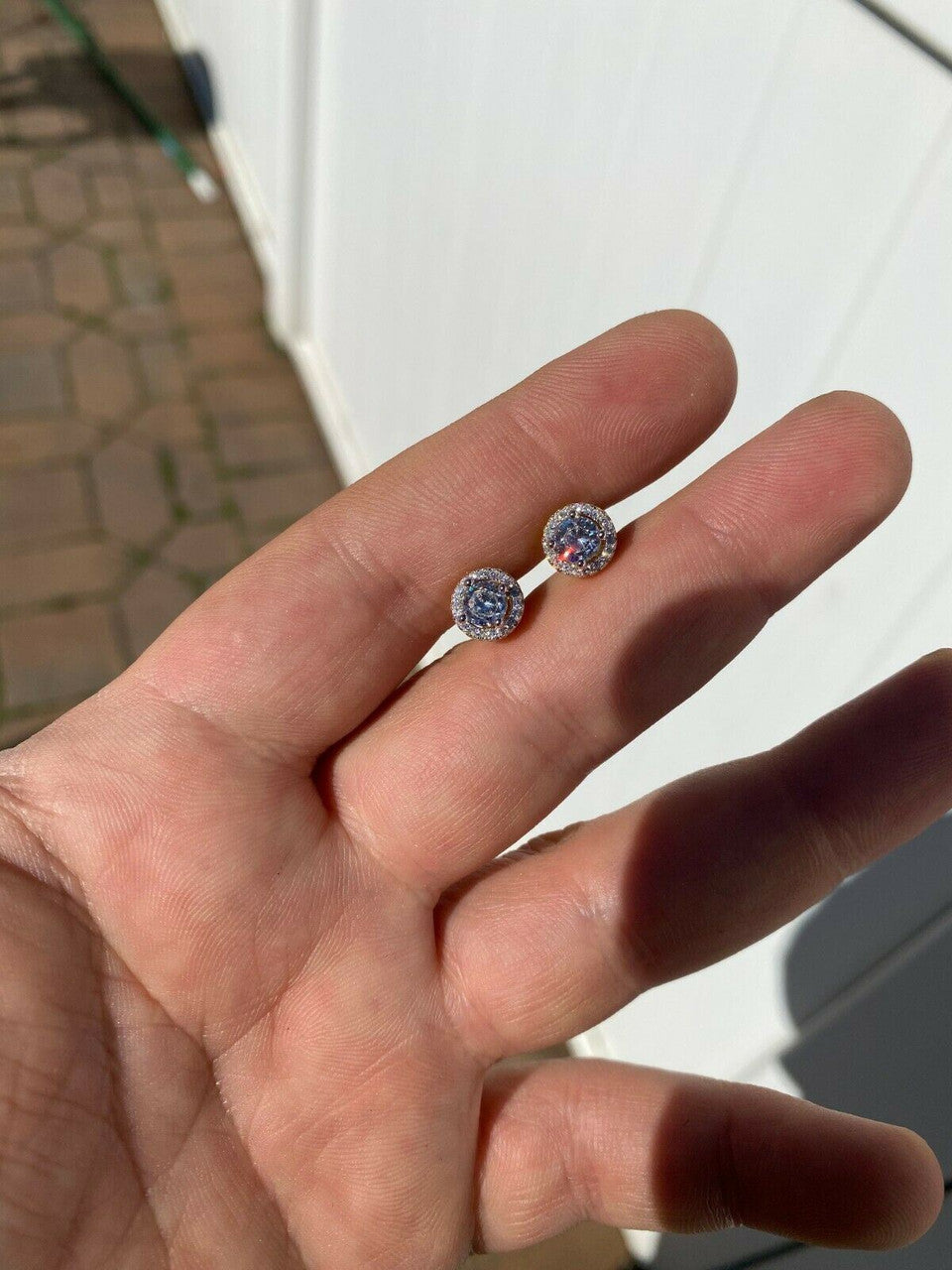 HarlemBling Mens Real Solid 925 Silver Iced Diamond Hip Hop Earrings Studs Small Gold Plated