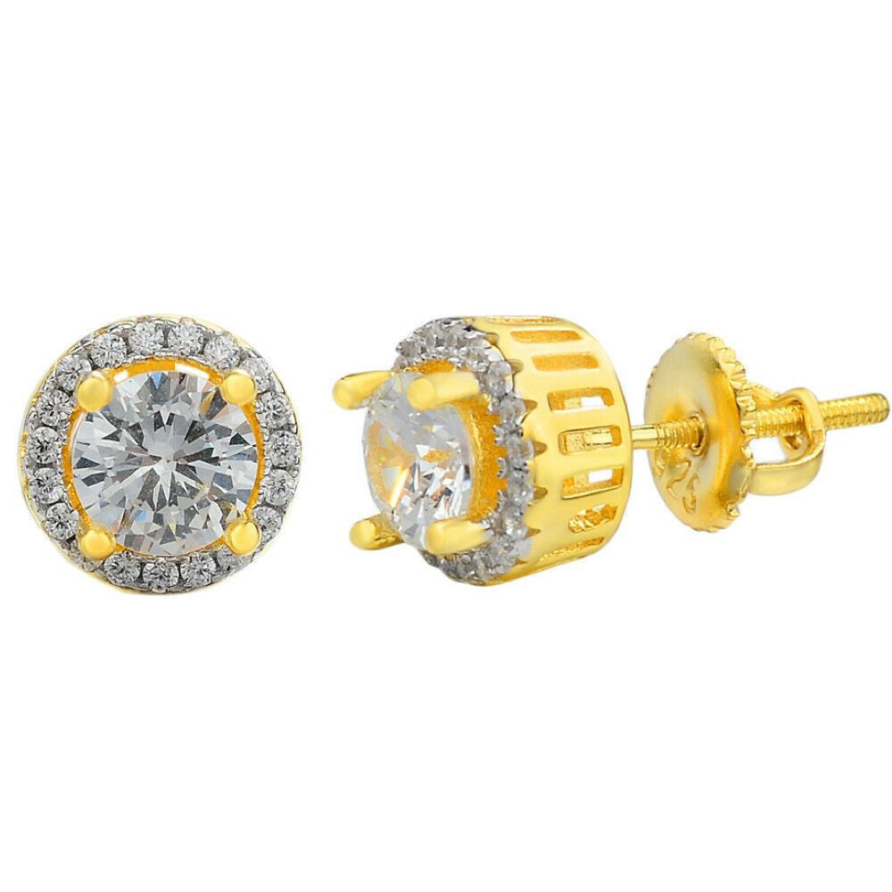 HarlemBling Mens Real Solid 925 Silver Iced Diamond Hip Hop Earrings Studs Small Gold Plated