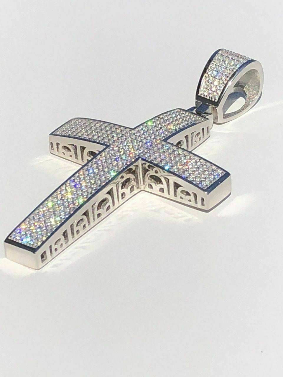 HarlemBling Mens Real Solid 925 Silver Large Iced Cross 3ct Diamonds 2x1.5 Hip Hop Pendant