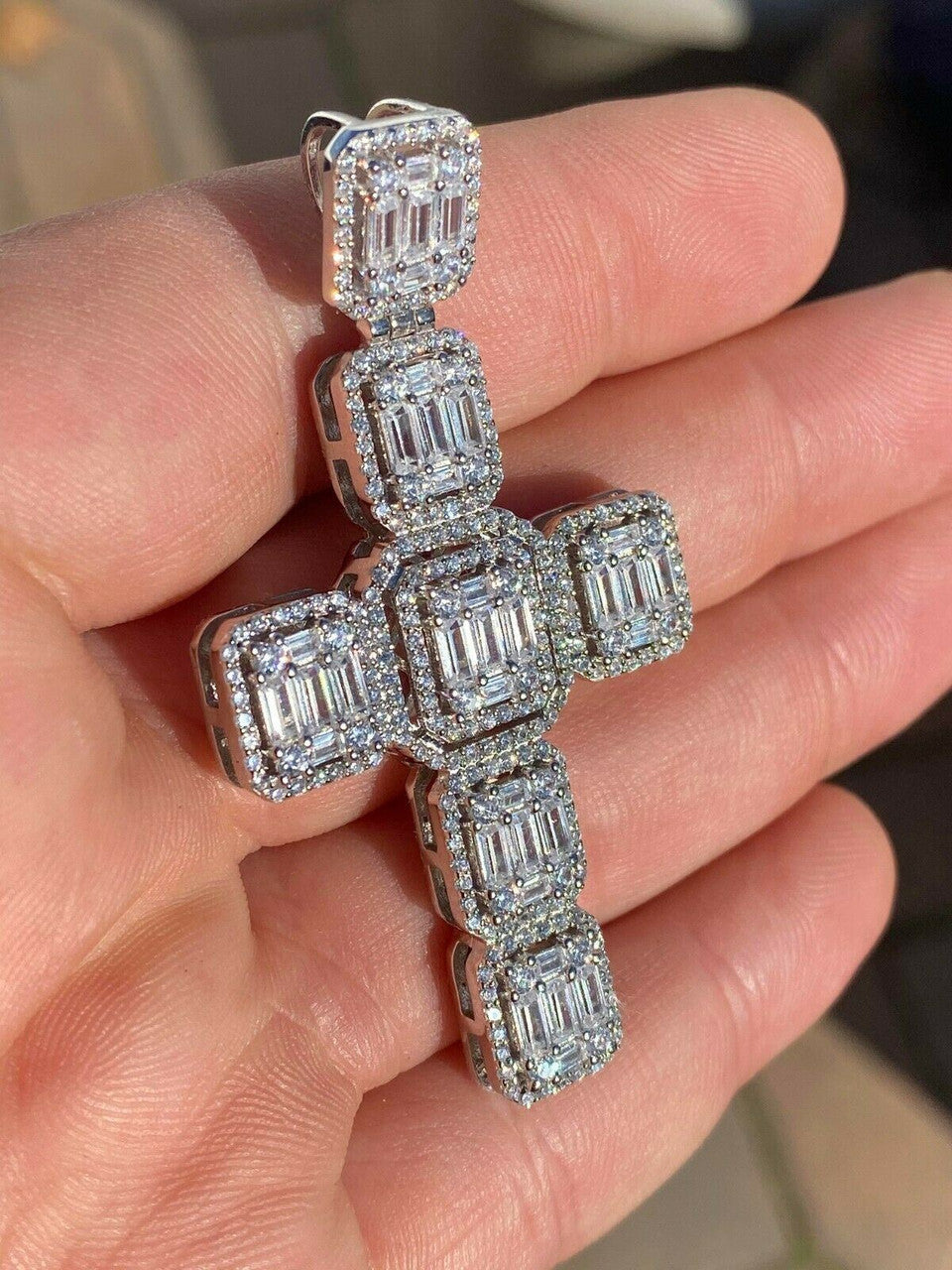 HarlemBling Mens Real Solid 925 Silver Mens Large Iced Baguette Diamond Cross Necklace 2