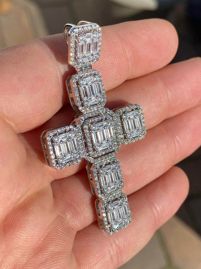 HarlemBling Mens Real Solid 925 Silver Mens Large Iced Baguette Diamond Cross Necklace 2