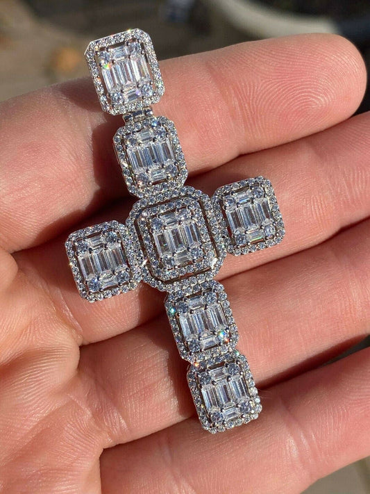 HarlemBling Mens Real Solid 925 Silver Mens Large Iced Baguette Diamond Cross Necklace 2