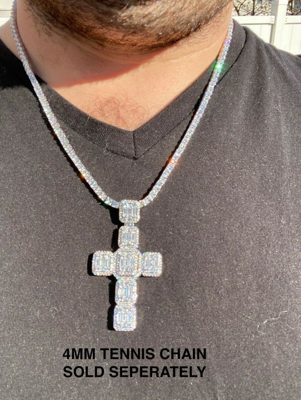 HarlemBling Mens Real Solid 925 Silver Mens Large Iced Baguette Diamond Cross Necklace 2