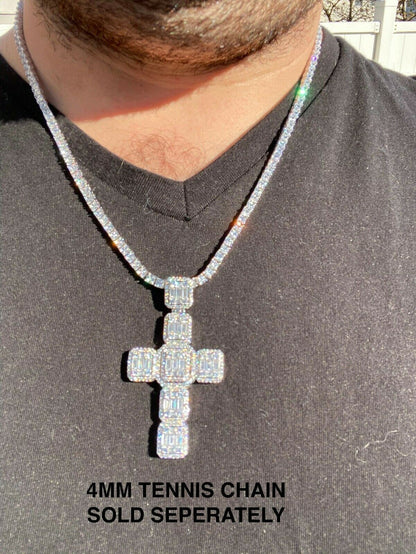 HarlemBling Mens Real Solid 925 Silver Mens Large Iced Baguette Diamond Cross Necklace 2
