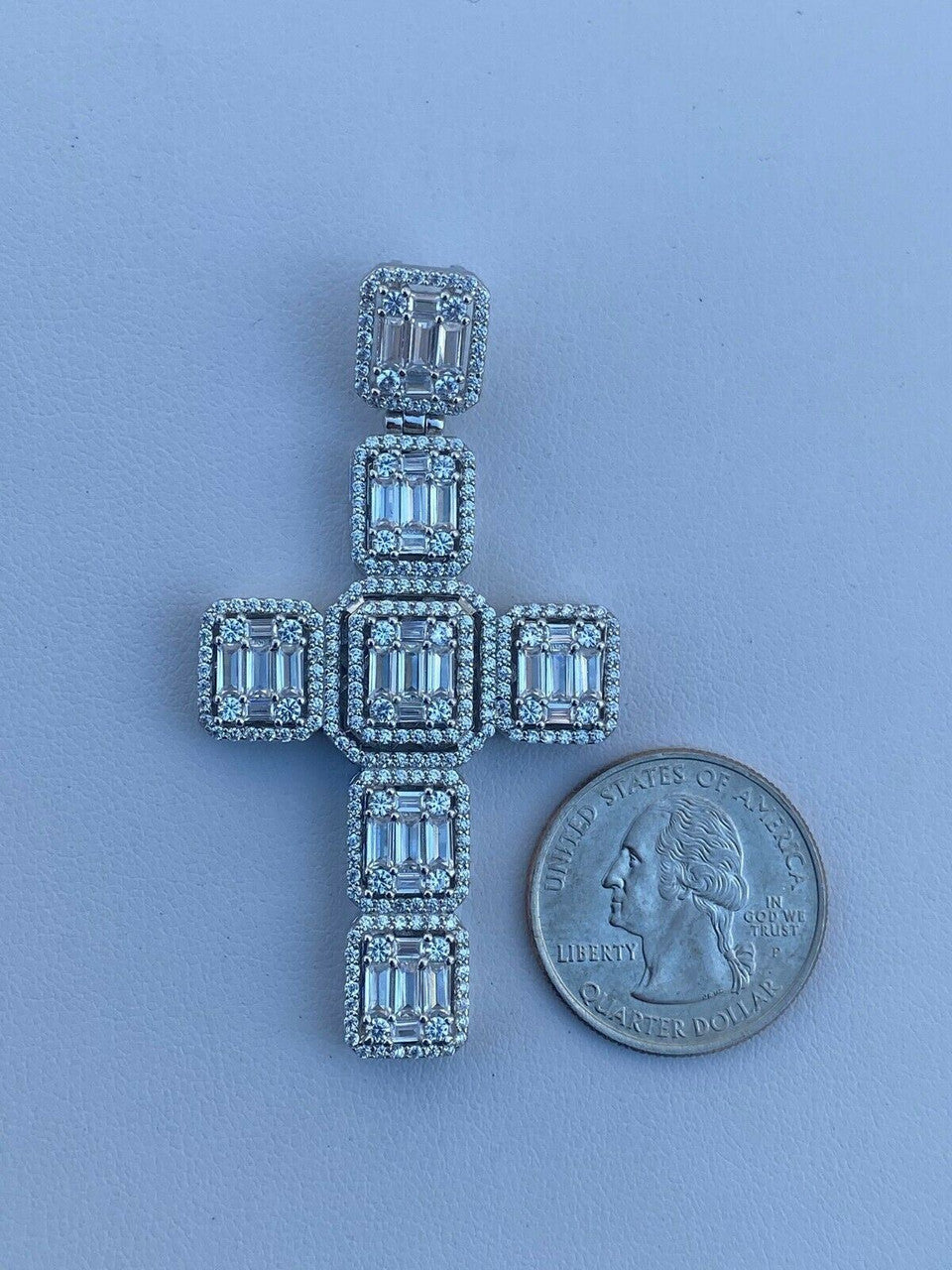 HarlemBling Mens Real Solid 925 Silver Mens Large Iced Baguette Diamond Cross Necklace 2