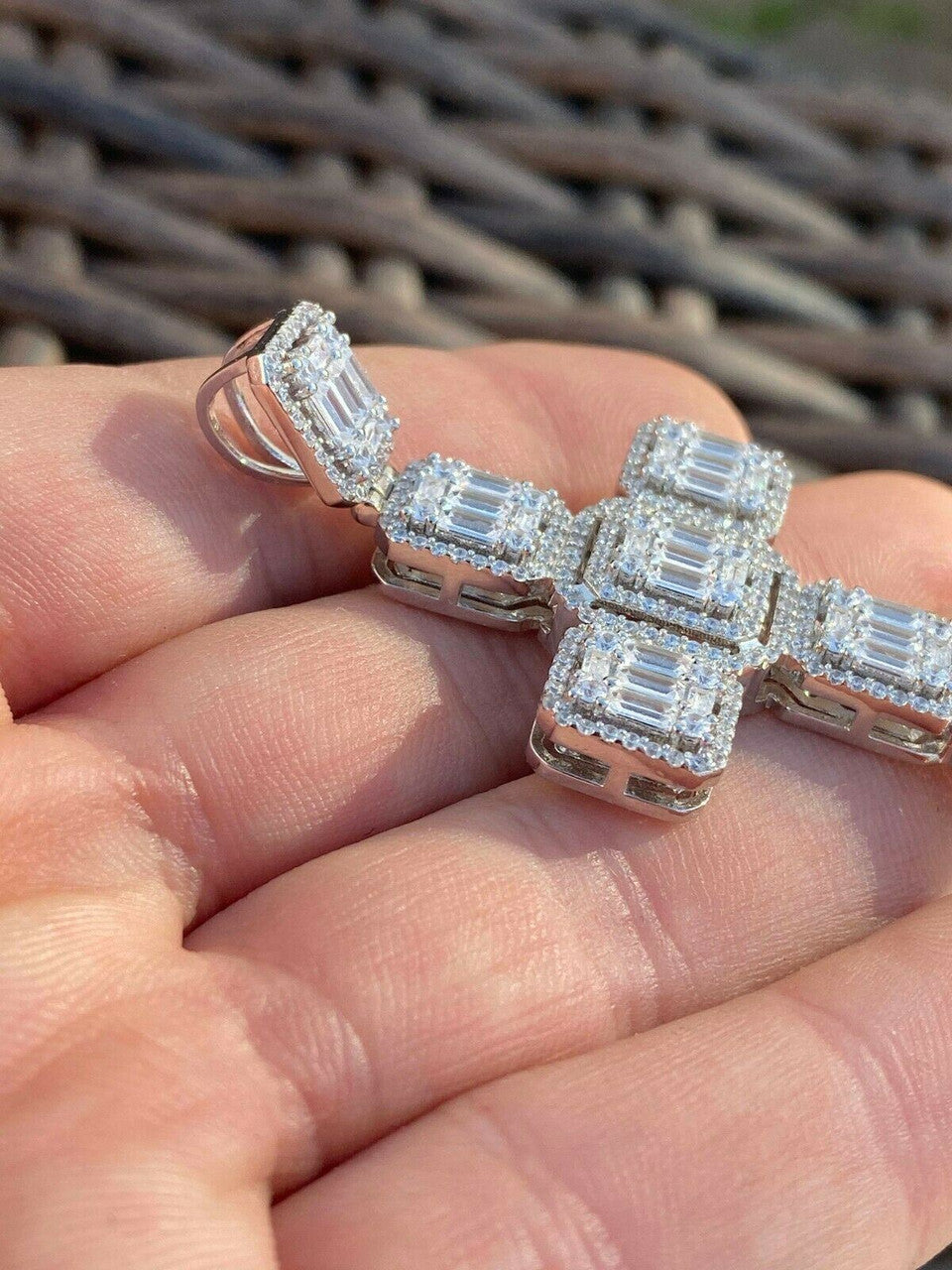 HarlemBling Mens Real Solid 925 Silver Mens Large Iced Baguette Diamond Cross Necklace 2