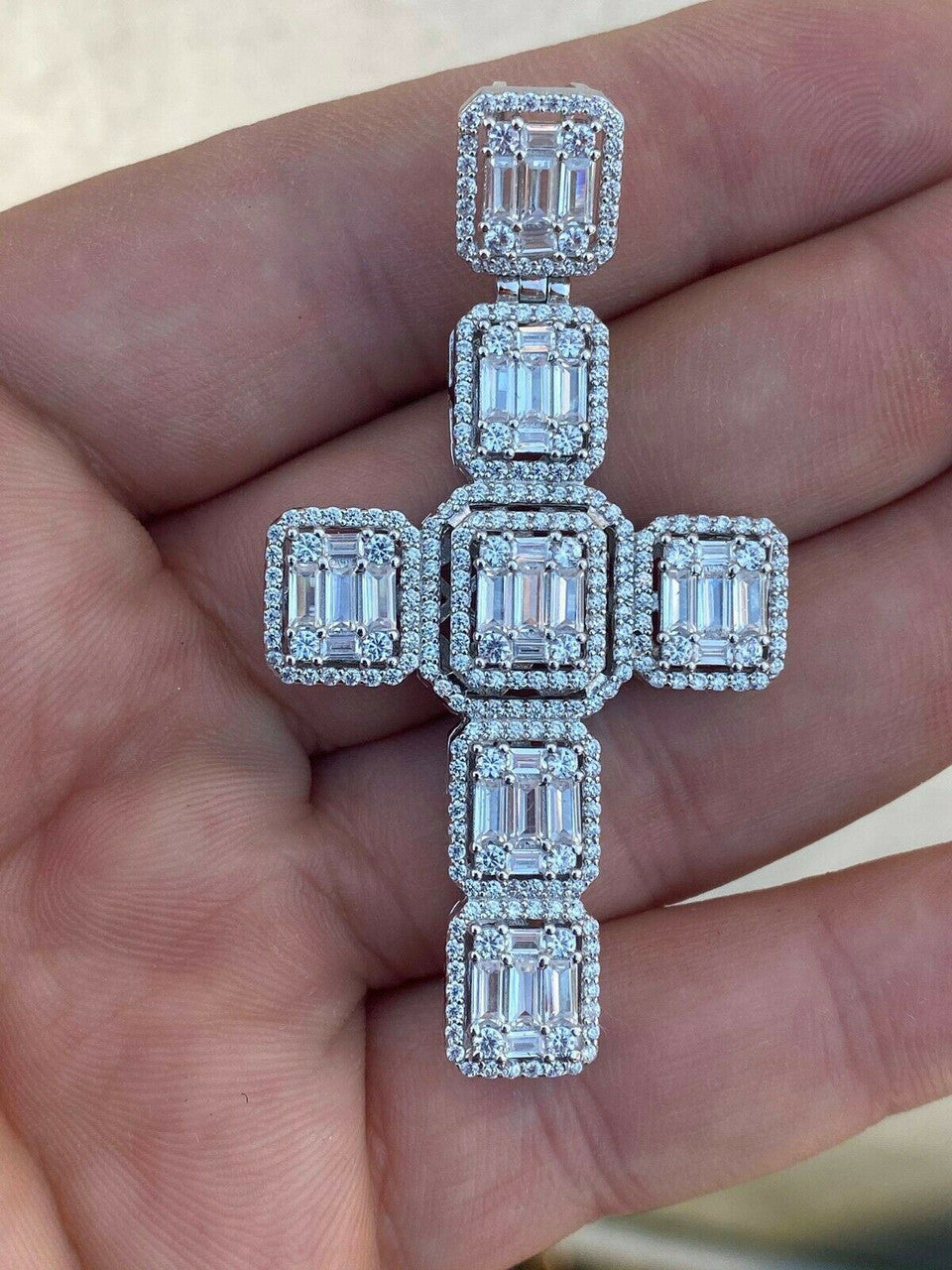 HarlemBling Mens Real Solid 925 Silver Mens Large Iced Baguette Diamond Cross Necklace 2