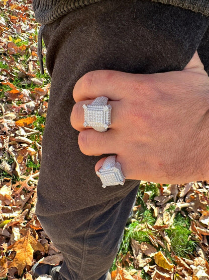 HarlemBling Men's Real Solid 925 Silver MOISSANITE Large 3D Rectangular Iced Hip Hop Ring