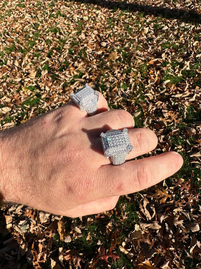 HarlemBling Men's Real Solid 925 Silver MOISSANITE Large 3D Rectangular Iced Hip Hop Ring