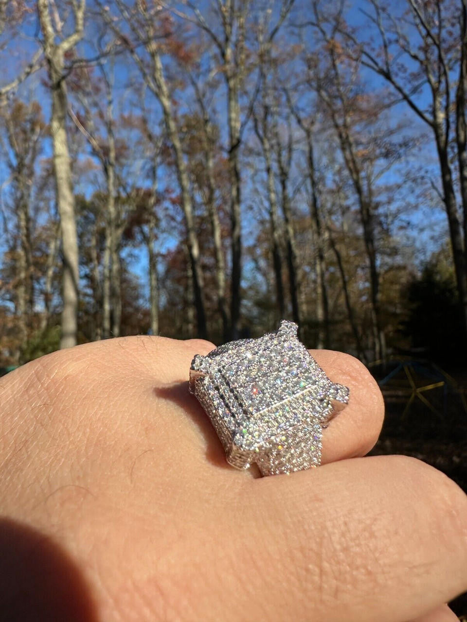 HarlemBling Men's Real Solid 925 Silver MOISSANITE Large 3D Rectangular Iced Hip Hop Ring