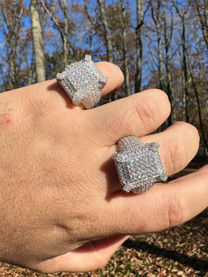 HarlemBling Men's Real Solid 925 Silver MOISSANITE Large 3D Rectangular Iced Hip Hop Ring