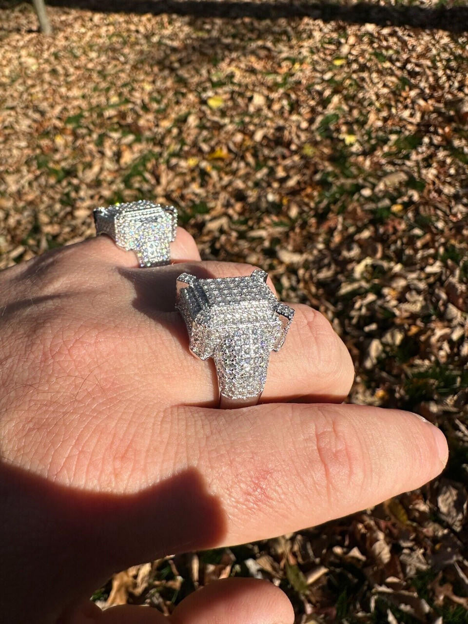 HarlemBling Men's Real Solid 925 Silver MOISSANITE Large 3D Rectangular Iced Hip Hop Ring