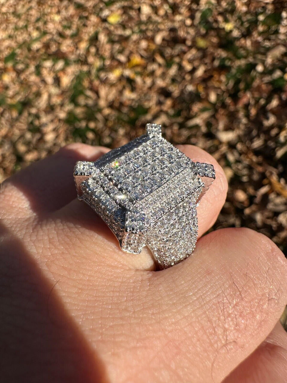 HarlemBling Men's Real Solid 925 Silver MOISSANITE Large 3D Rectangular Iced Hip Hop Ring