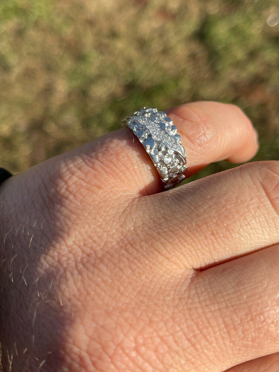 HarlemBling Mens REAL Solid 925 Silver Nugget Band Ring Iced Moissanite Pass Diamond Tester