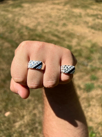 HarlemBling Mens Real Solid 925 Silver Nugget Black Onyx Iced Simulated Diamond Ring Hip Hop