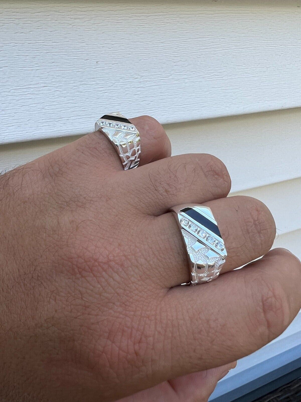 HarlemBling Mens Real Solid 925 Silver Nugget Black Onyx Iced Simulated Diamond Ring Hip Hop