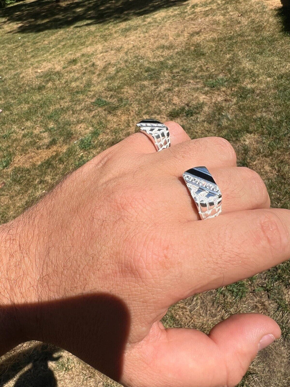 HarlemBling Mens Real Solid 925 Silver Nugget Black Onyx Iced Simulated Diamond Ring Hip Hop