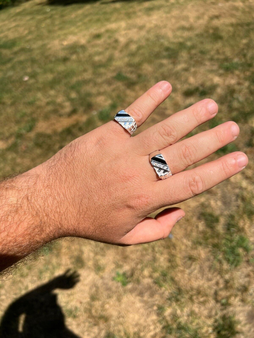 HarlemBling Mens Real Solid 925 Silver Nugget Black Onyx Iced Simulated Diamond Ring Hip Hop