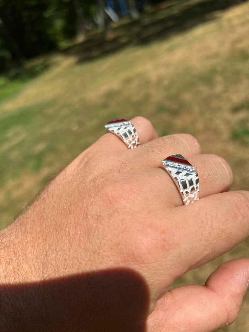 HarlemBling Mens Real Solid 925 Silver Nugget Red Ruby Iced Simulated Diamond Ring Hip Hop