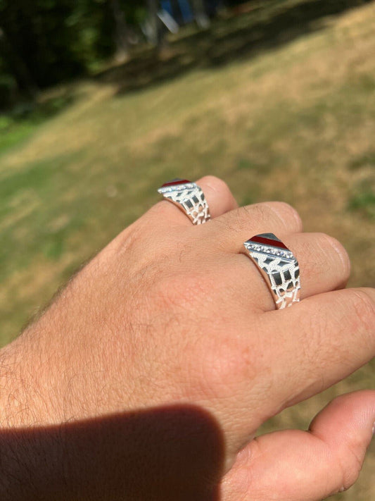 HarlemBling Mens Real Solid 925 Silver Nugget Red Ruby Iced Simulated Diamond Ring Hip Hop