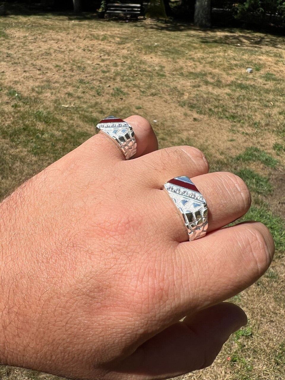 HarlemBling Mens Real Solid 925 Silver Nugget Red Ruby Iced Simulated Diamond Ring Hip Hop