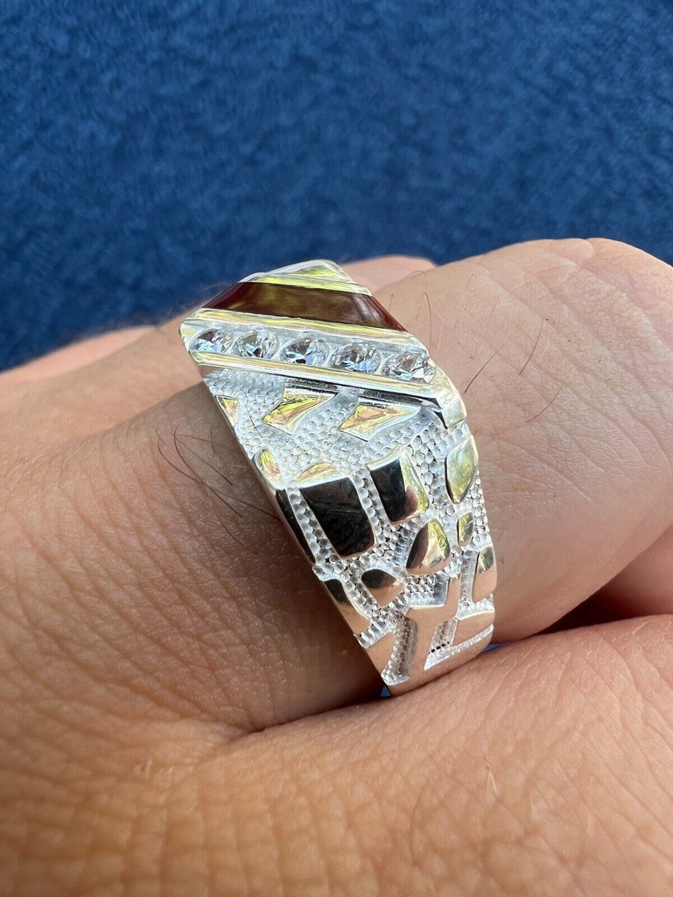 HarlemBling Mens Real Solid 925 Silver Nugget Red Ruby Iced Simulated Diamond Ring Hip Hop