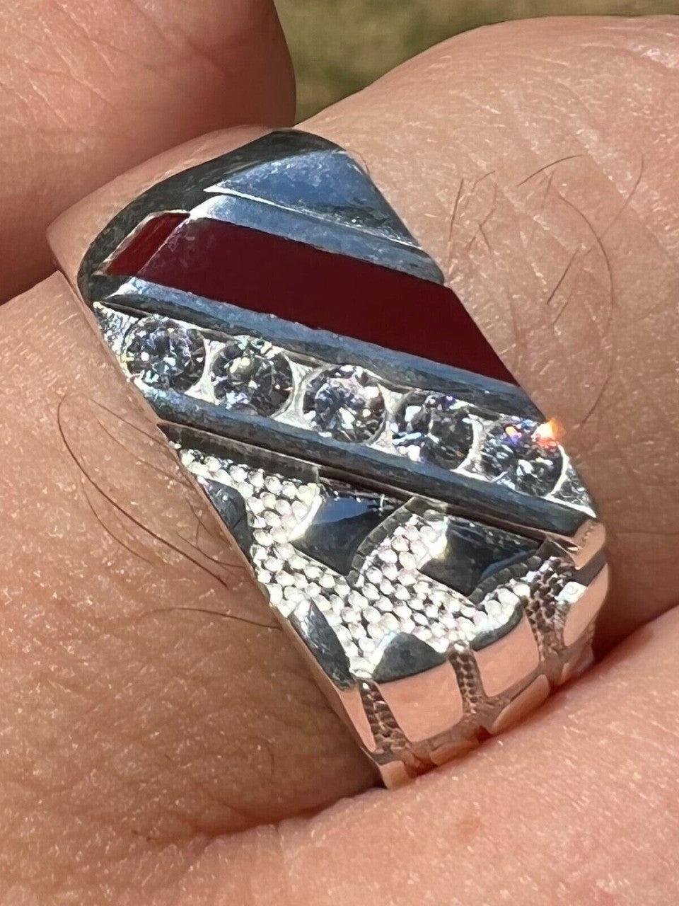 HarlemBling Mens Real Solid 925 Silver Nugget Red Ruby Iced Simulated Diamond Ring Hip Hop