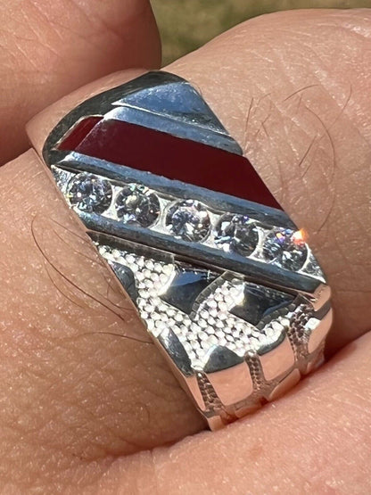 HarlemBling Mens Real Solid 925 Silver Nugget Red Ruby Iced Simulated Diamond Ring Hip Hop