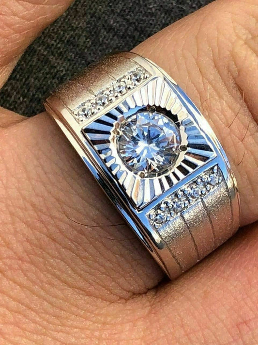 HarlemBling Mens REAL Solid 925 Silver Solitaire Ring W Man Made Diamonds Pinky Sizes 7-13