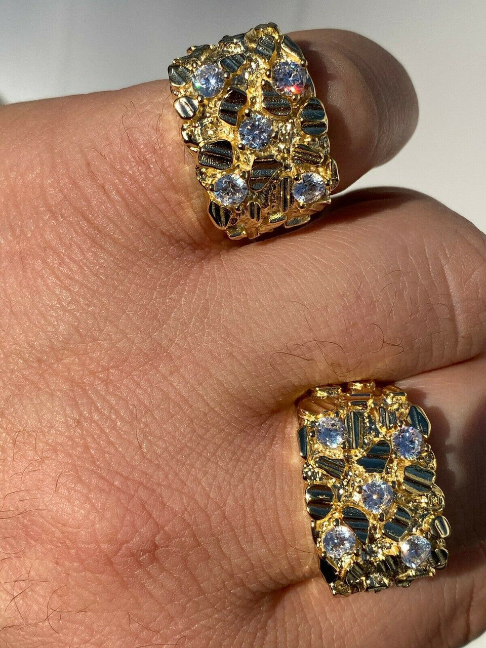 HarlemBling Mens REAL Solid 925 Sterling Silver - 14k Gold Finish Diamond Nugget Ring 7-13