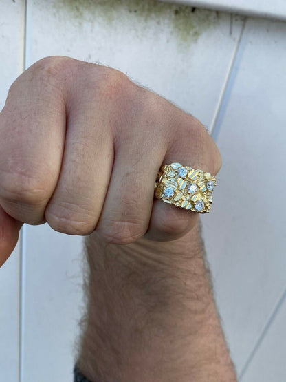 HarlemBling Mens REAL Solid 925 Sterling Silver - 14k Gold Finish Diamond Nugget Ring 7-13