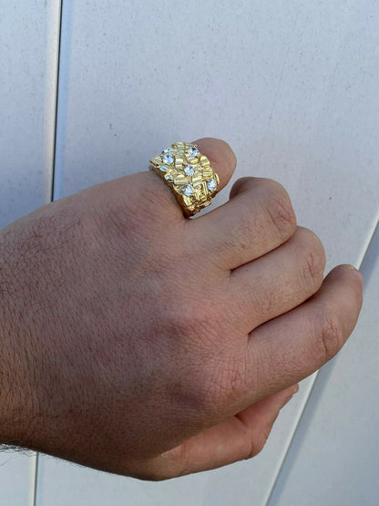 HarlemBling Mens REAL Solid 925 Sterling Silver - 14k Gold Finish Diamond Nugget Ring 7-13