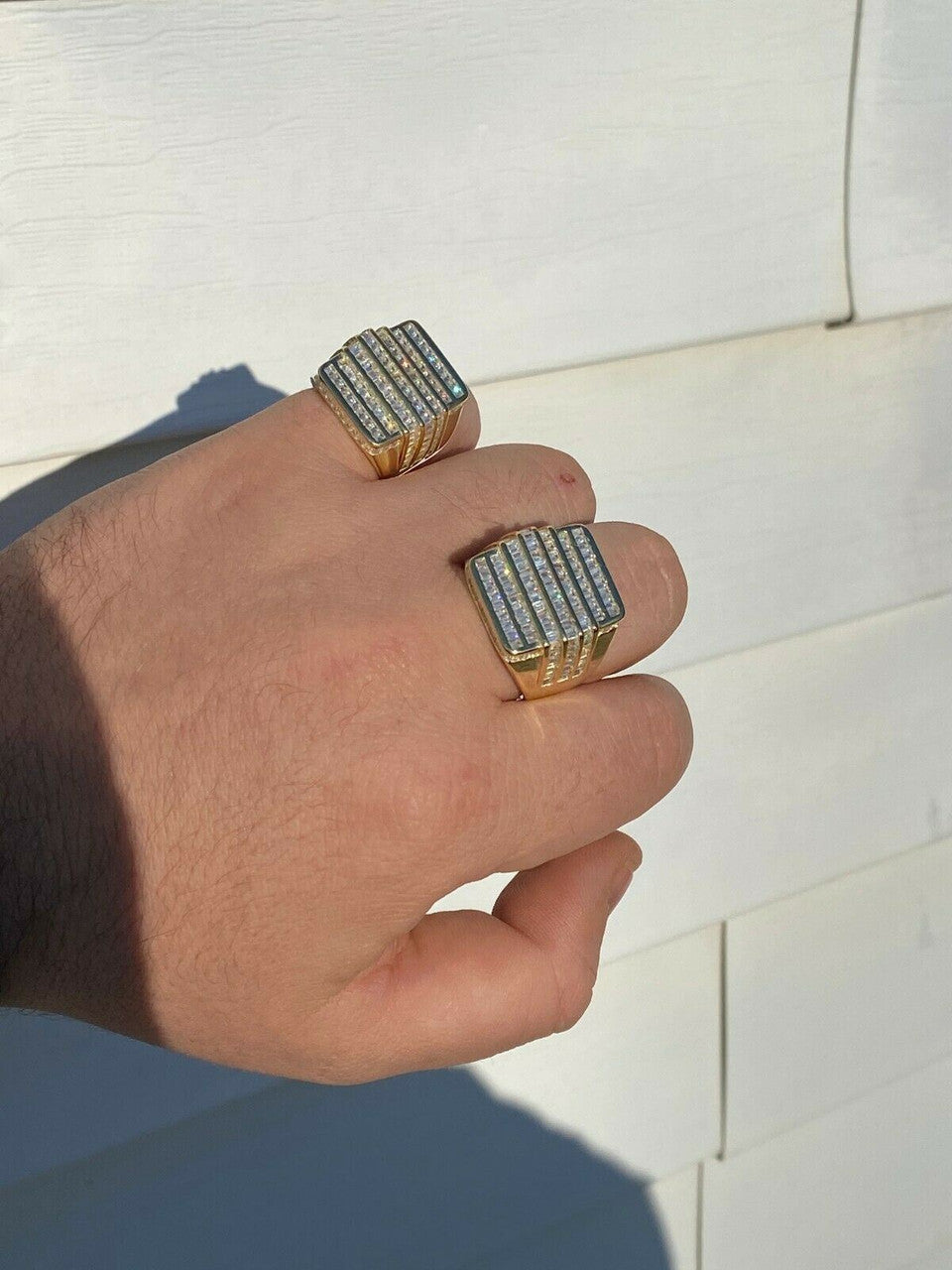 HarlemBling Mens REAL Solid 925 Sterling Silver 14k Gold Finish Iced Baguette CZ HipHop Ring