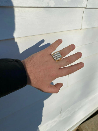 HarlemBling Mens REAL Solid 925 Sterling Silver 14k Gold Finish Iced Baguette CZ HipHop Ring