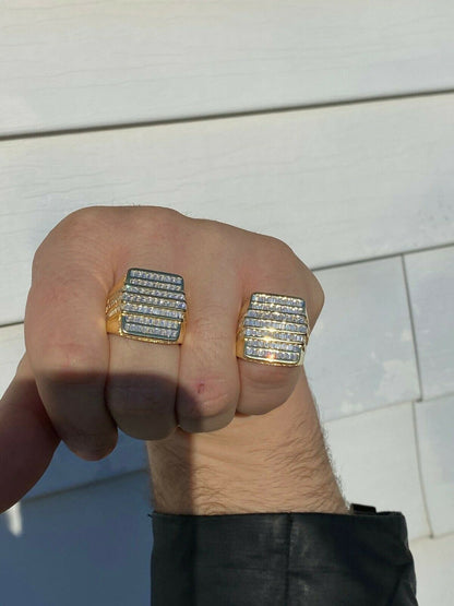 HarlemBling Mens REAL Solid 925 Sterling Silver 14k Gold Finish Iced Baguette CZ HipHop Ring