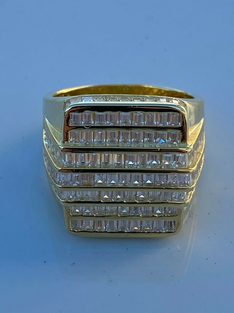 HarlemBling Mens REAL Solid 925 Sterling Silver 14k Gold Finish Iced Baguette CZ HipHop Ring