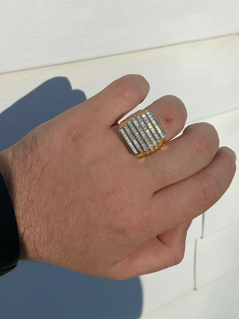 HarlemBling Mens REAL Solid 925 Sterling Silver 14k Gold Finish Iced Baguette CZ HipHop Ring