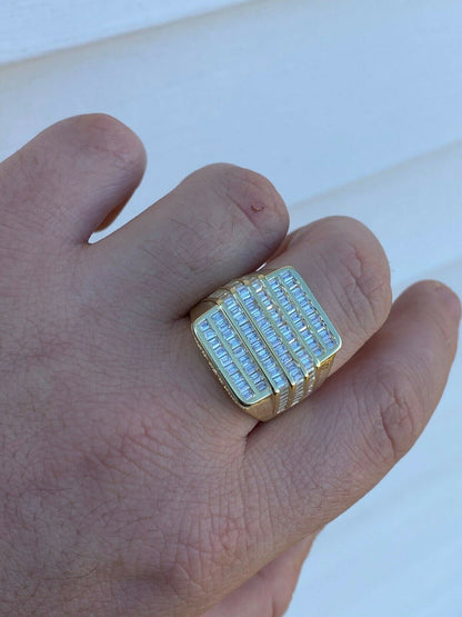 HarlemBling Mens REAL Solid 925 Sterling Silver 14k Gold Finish Iced Baguette CZ HipHop Ring