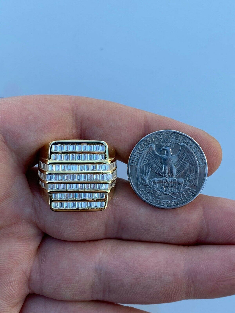 HarlemBling Mens REAL Solid 925 Sterling Silver 14k Gold Finish Iced Baguette CZ HipHop Ring