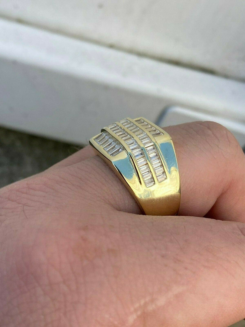 HarlemBling Mens REAL Solid 925 Sterling Silver 14k Gold Finish Iced Baguette CZ Square Ring