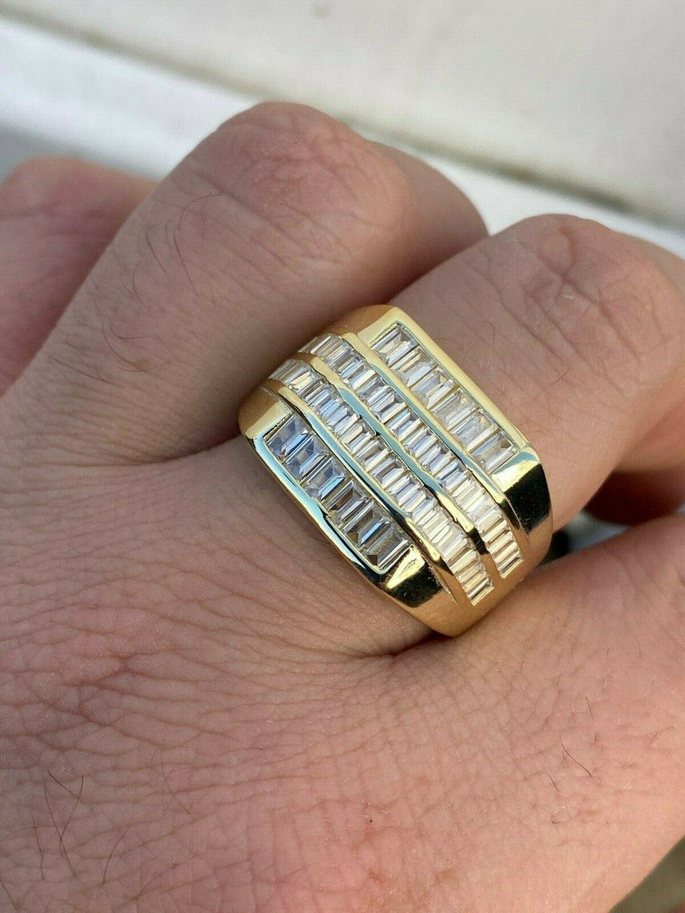 HarlemBling Mens REAL Solid 925 Sterling Silver 14k Gold Finish Iced Baguette CZ Square Ring