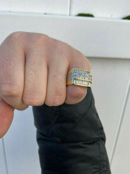 HarlemBling Mens REAL Solid 925 Sterling Silver 14k Gold Finish Iced Baguette CZ Square Ring
