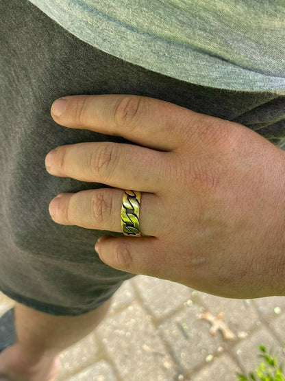 HarlemBling Mens Real Solid 925 Sterling Silver 14k Gold Vermeil Ring Miami Cuban Link Band