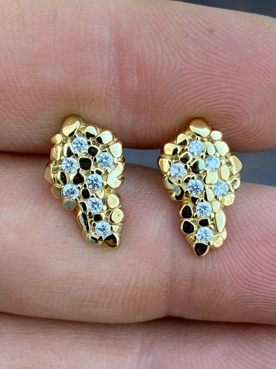HarlemBling Mens Real Solid 925 Sterling Silver and 14k Gold Nugget Earrings Large Iced Studs