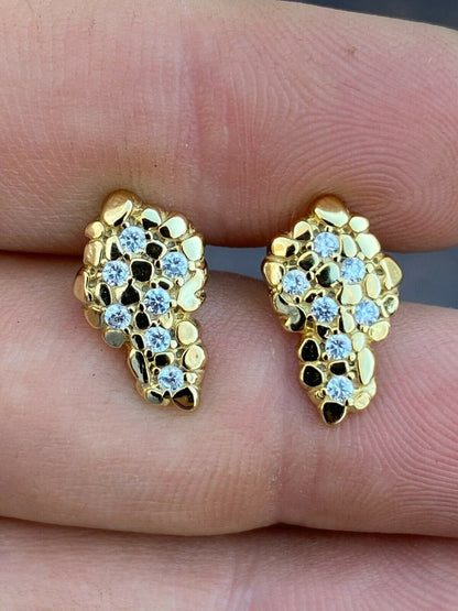 HarlemBling Mens Real Solid 925 Sterling Silver and 14k Gold Nugget Earrings Large Iced Studs