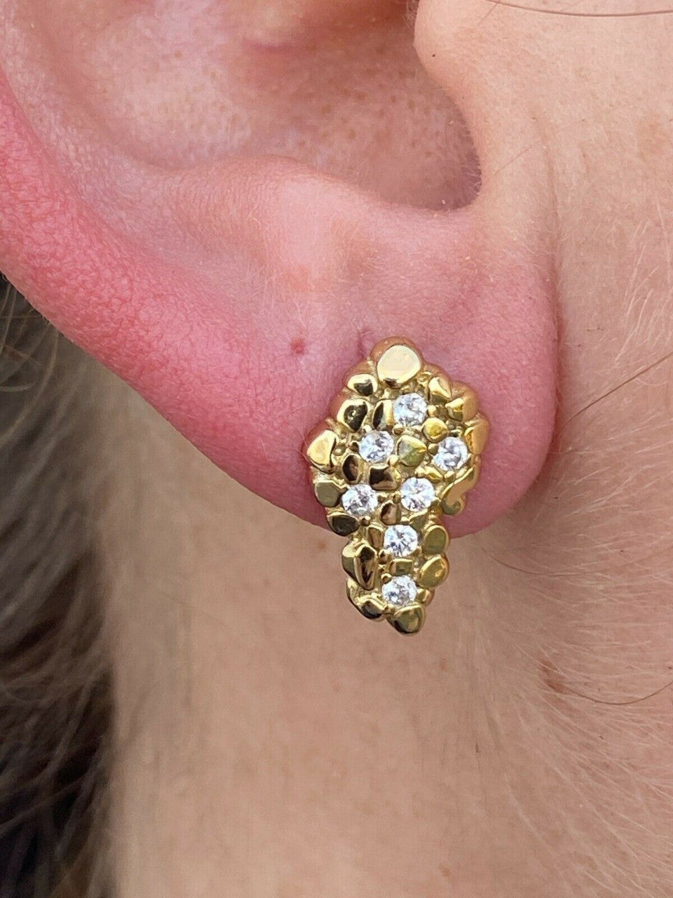 HarlemBling Mens Real Solid 925 Sterling Silver and 14k Gold Nugget Earrings Large Iced Studs